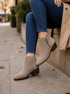 Lucky Brand Taupe Suede Ankle Boots | Western Boho Neutral Side Zip Low Heel